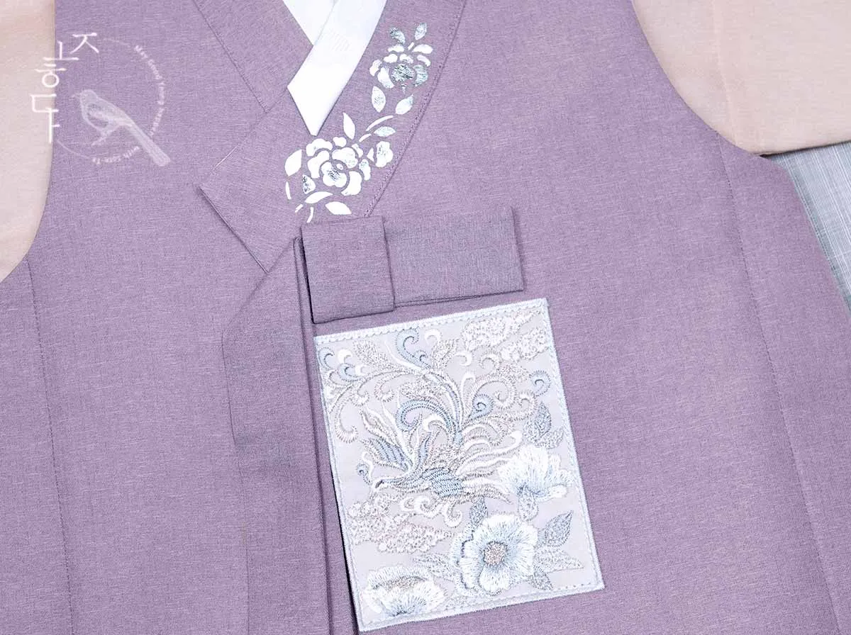 Silver Foiled Flower on a Collar Baby Boy Hanbok in Purple