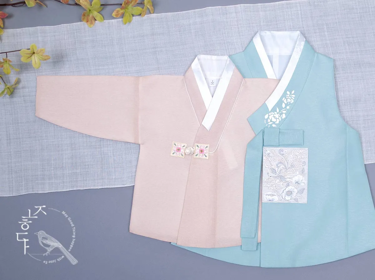 Silver Foiled Flower on a Collar Baby Boy Hanbok in Skyblue