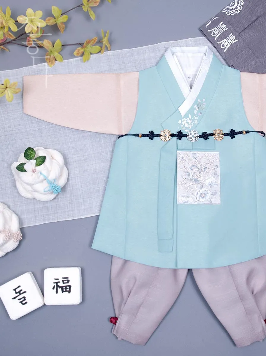 Silver Foiled Flower on a Collar Baby Boy Hanbok in Skyblue