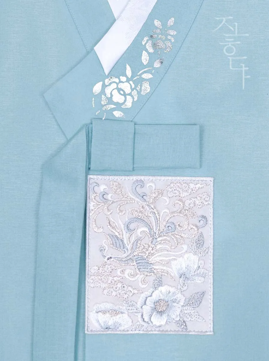 Silver Foiled Flower on a Collar Baby Boy Hanbok in Skyblue