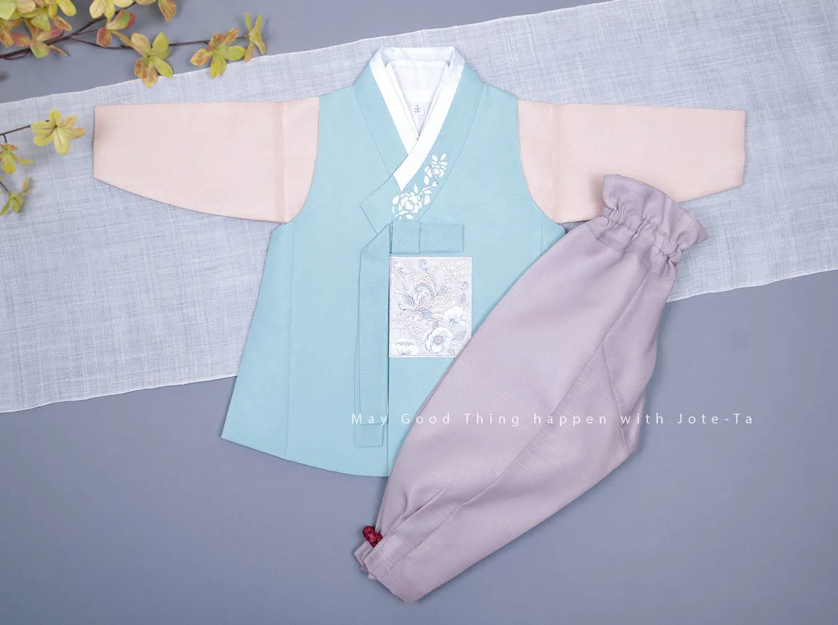 Silver Foiled Flower on a Collar Baby Boy Hanbok in Skyblue