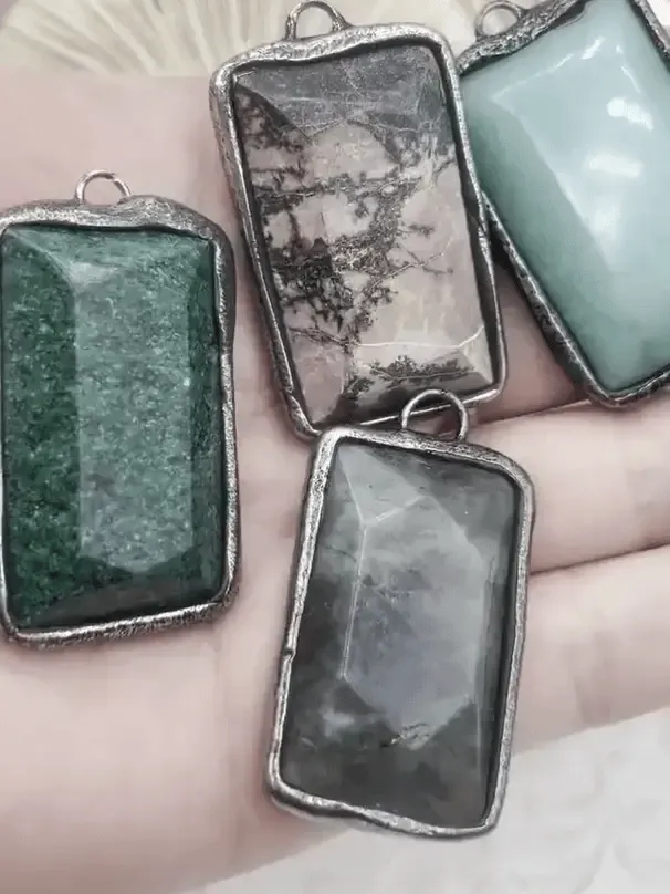 Soldered Natural Stone Pendants, Rectangle Stone Pendants with Gunmetal ,Comes in a variety of patterns, 6 Styles, Natural Stone, Fast Ship.