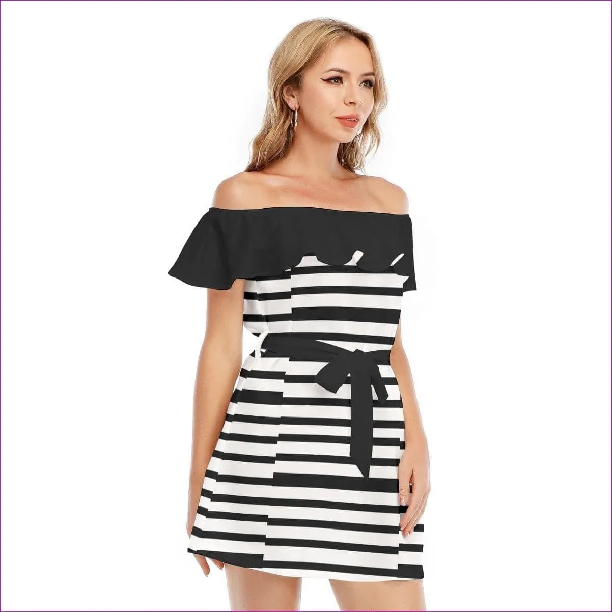 Striped Women's Off-shoulder Dress With Ruffle