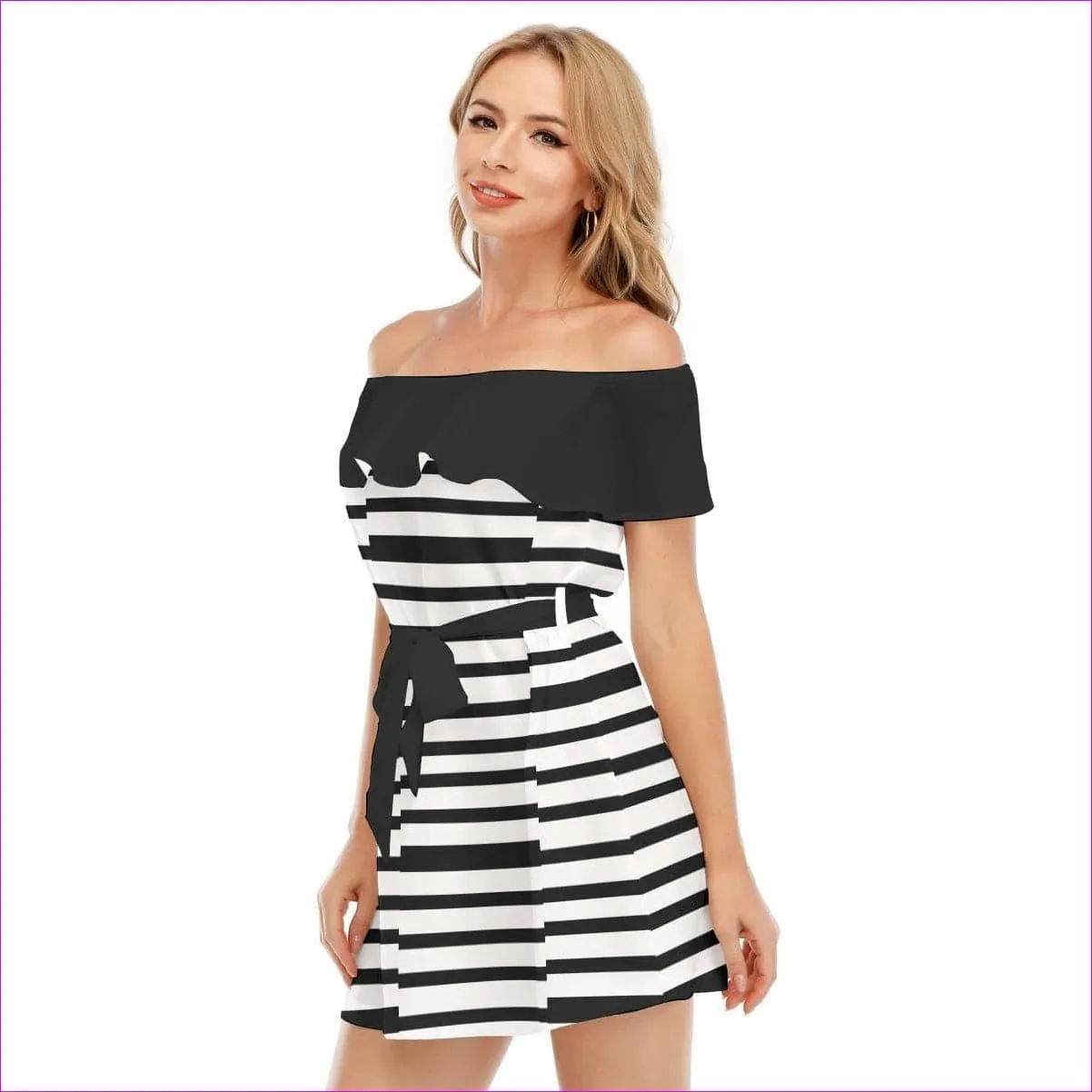 Striped Women's Off-shoulder Dress With Ruffle