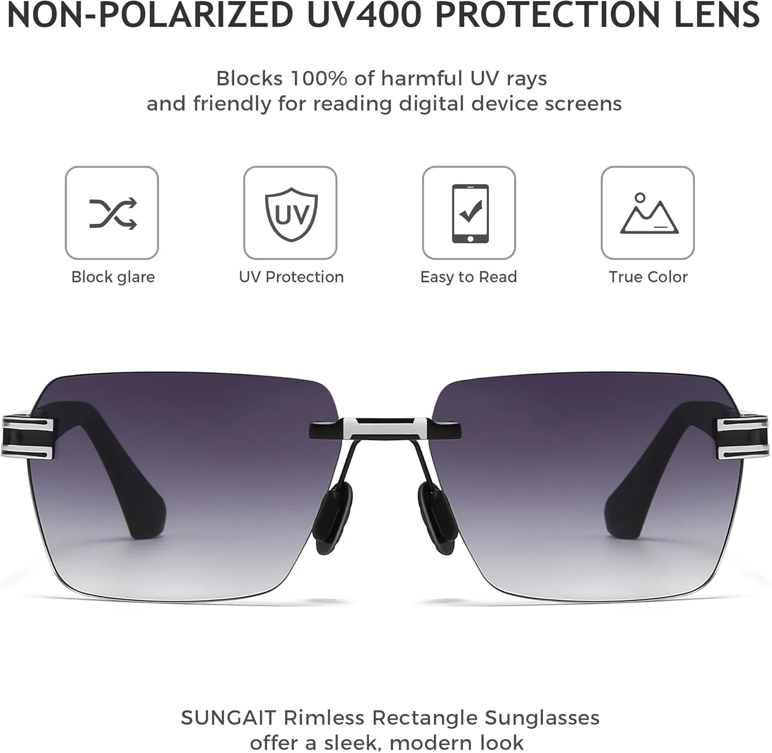 SUNGAIT Rimless Rectangle Sunglasses Square Frameless Shades for Men Women Y2K Vintage UV Protection