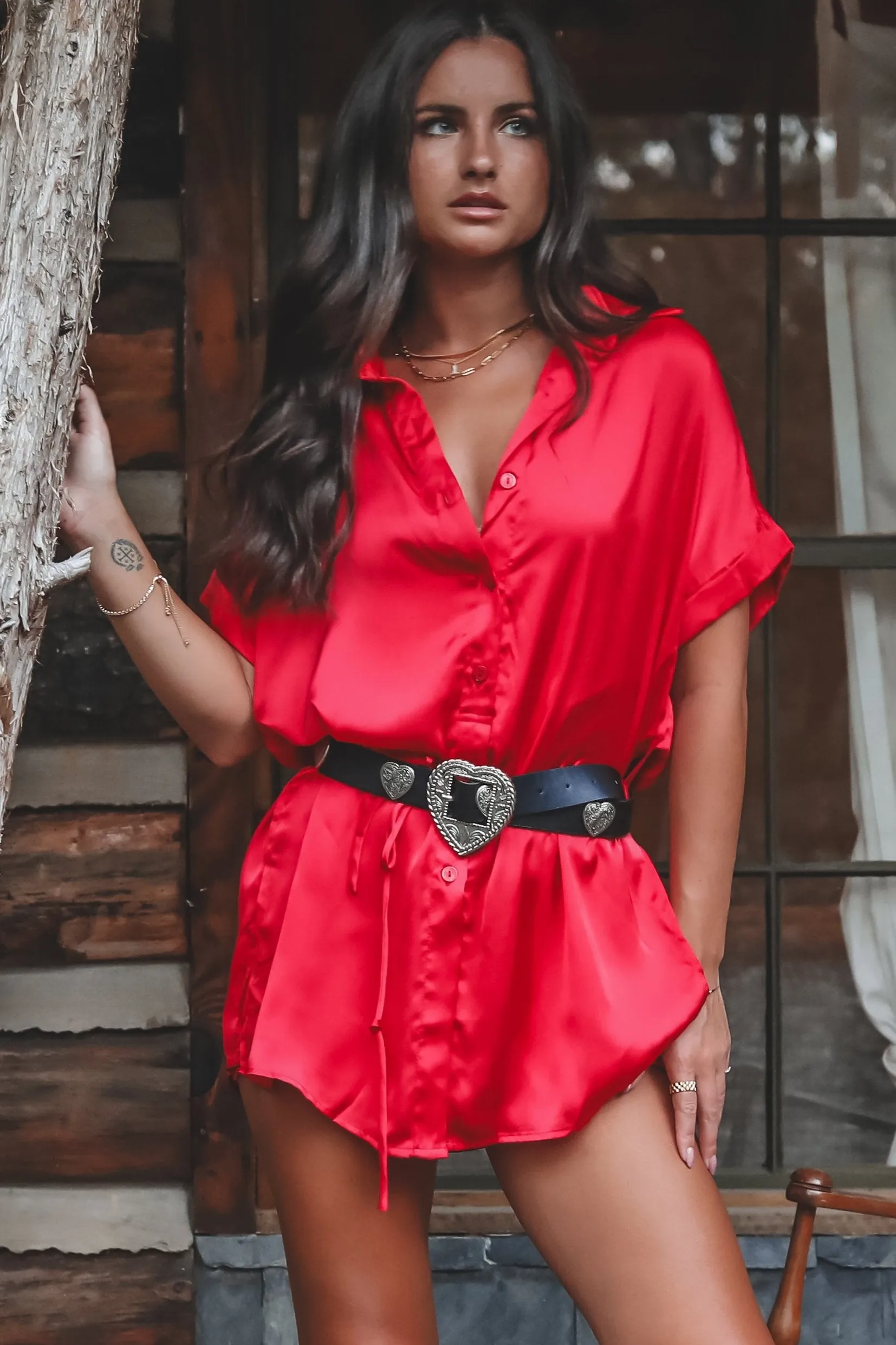 The Beverly Satin Short Sleeve Romper Dress