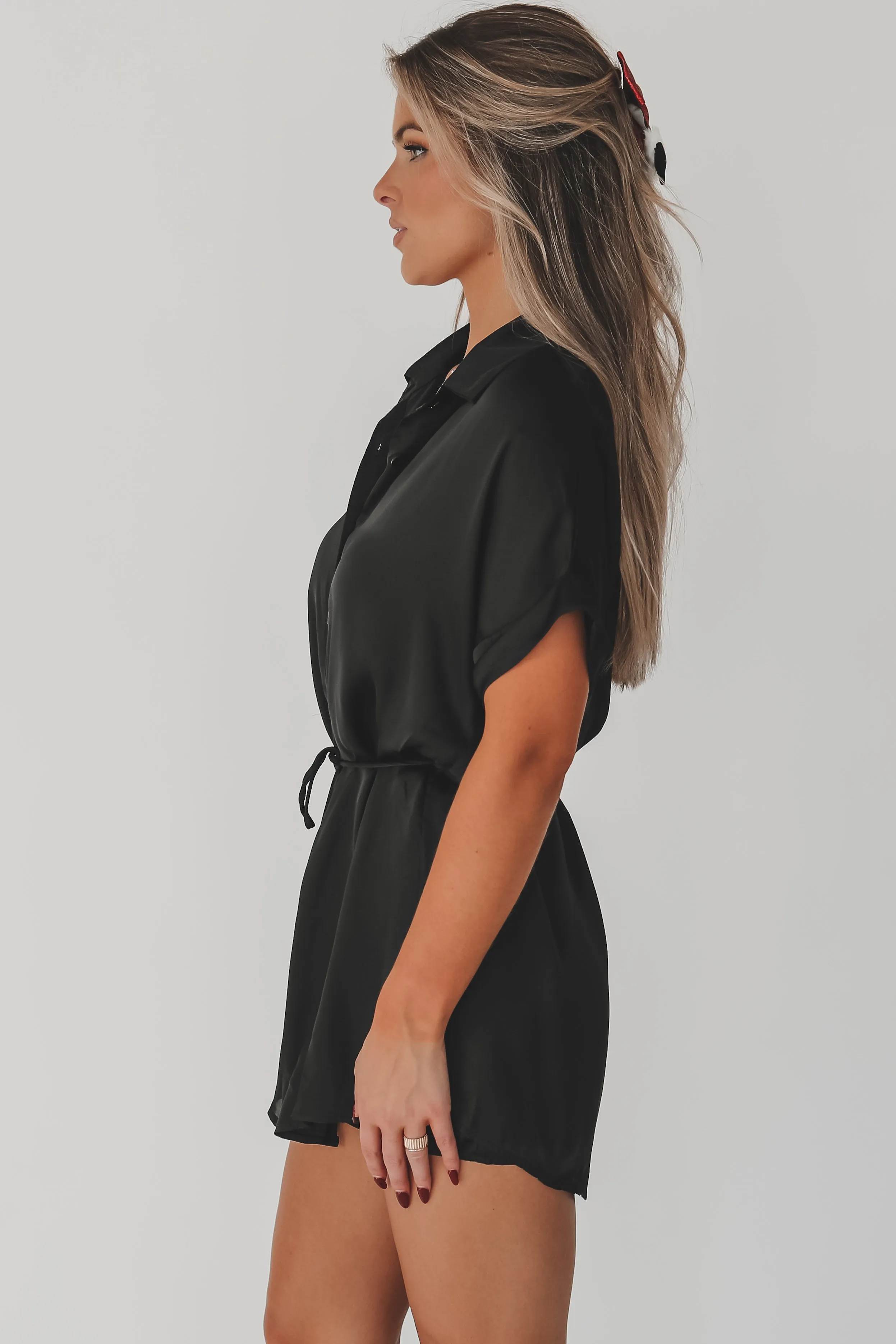 The Beverly Satin Short Sleeve Romper Dress