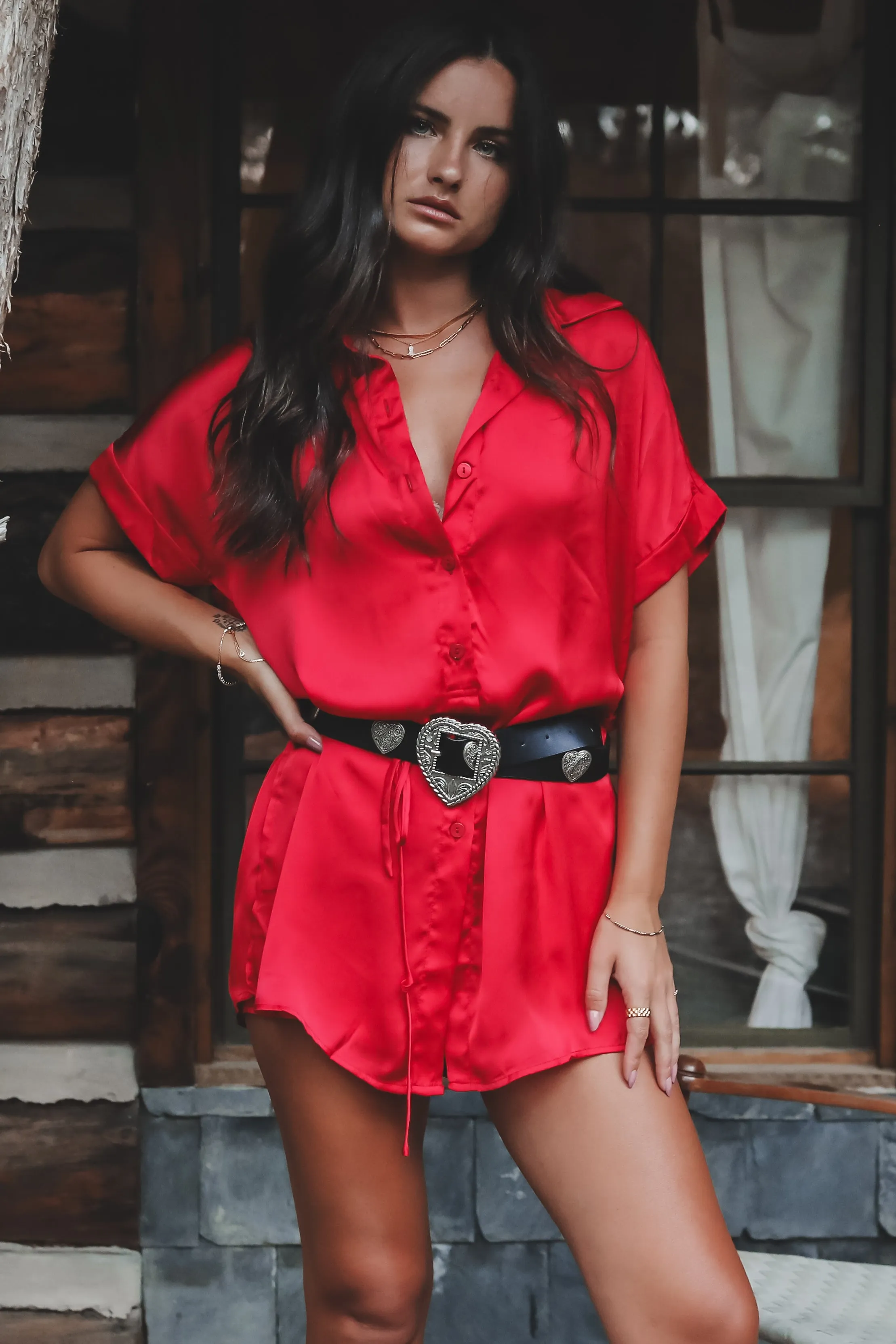 The Beverly Satin Short Sleeve Romper Dress