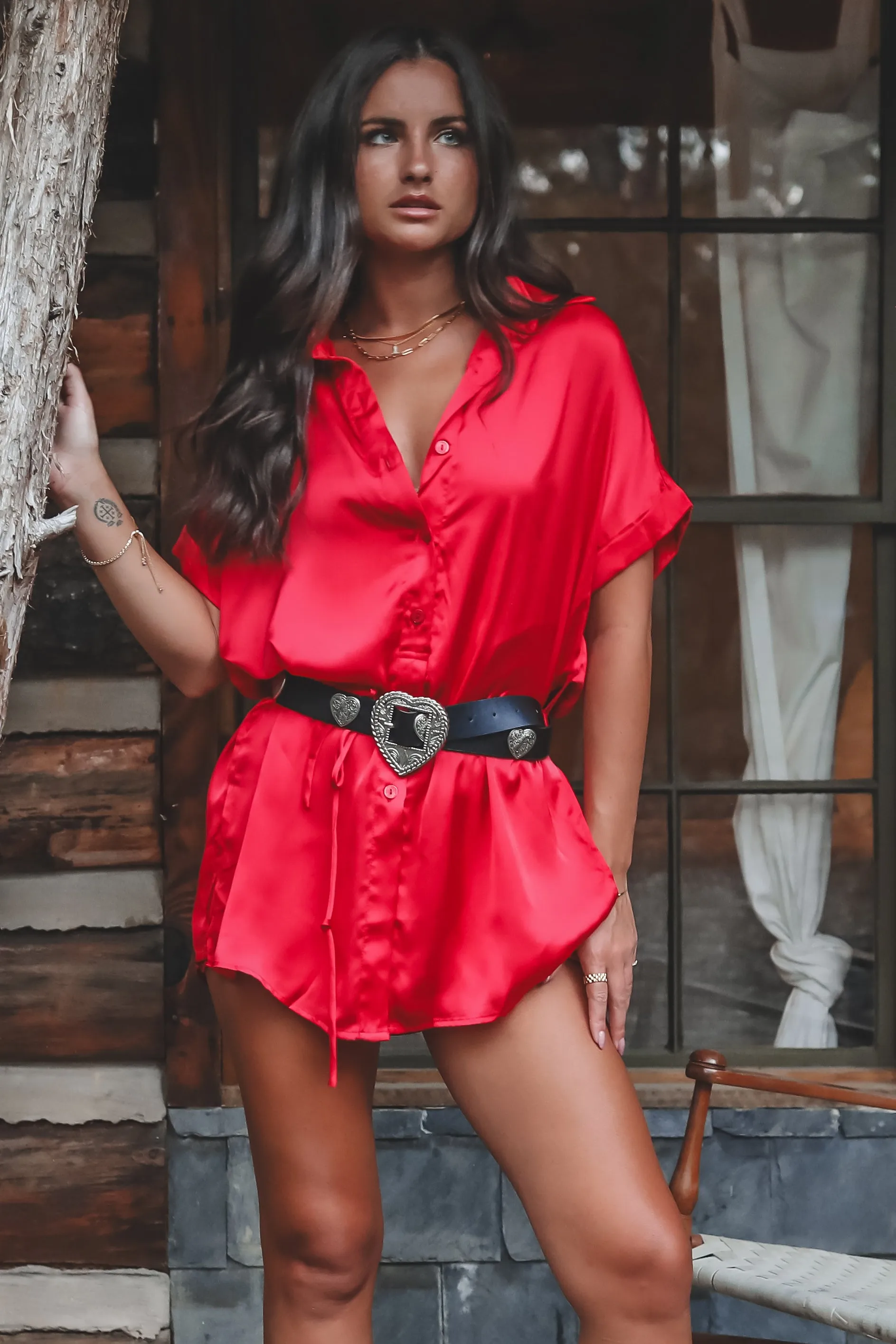The Beverly Satin Short Sleeve Romper Dress
