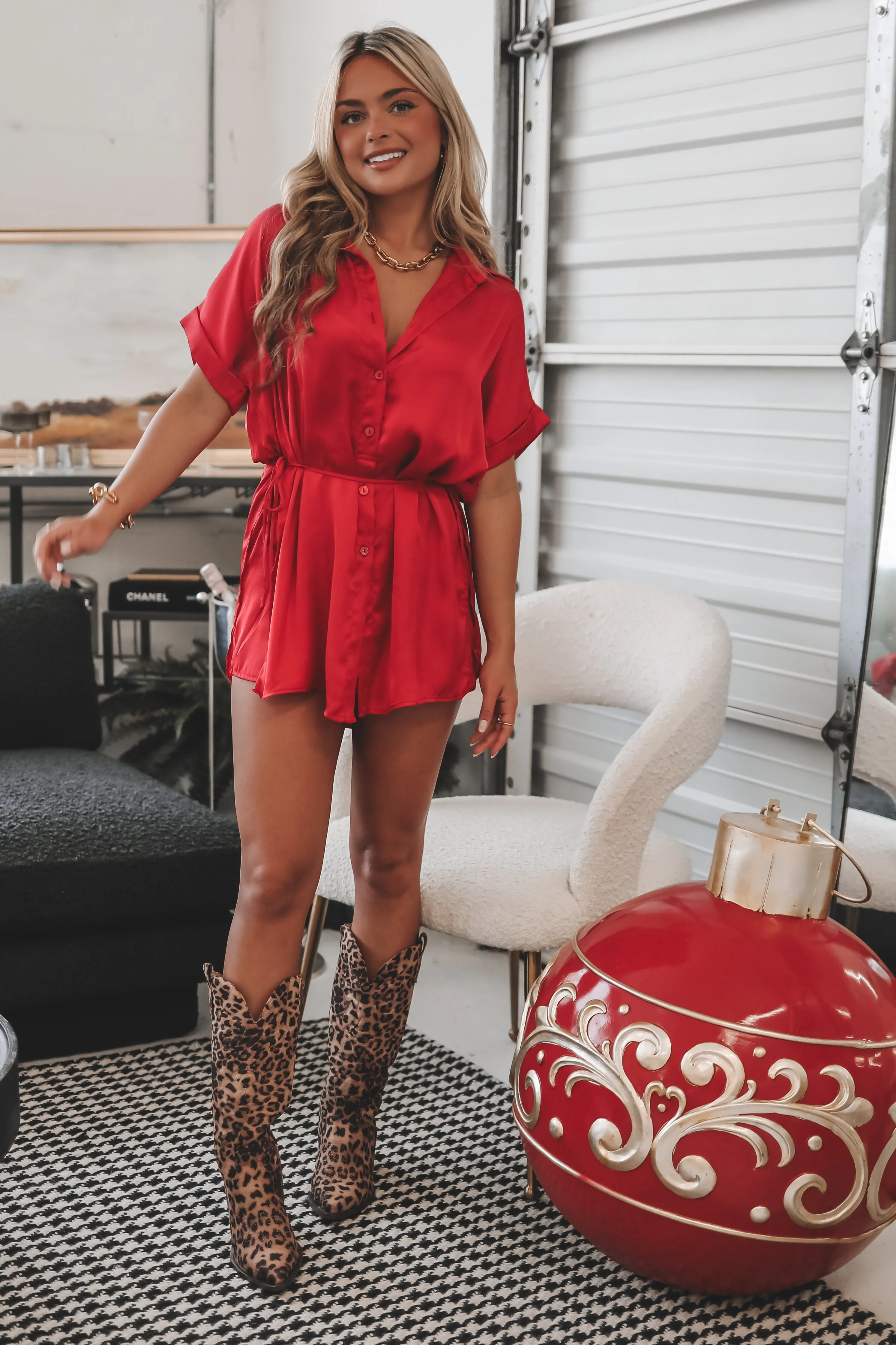 The Beverly Satin Short Sleeve Romper Dress