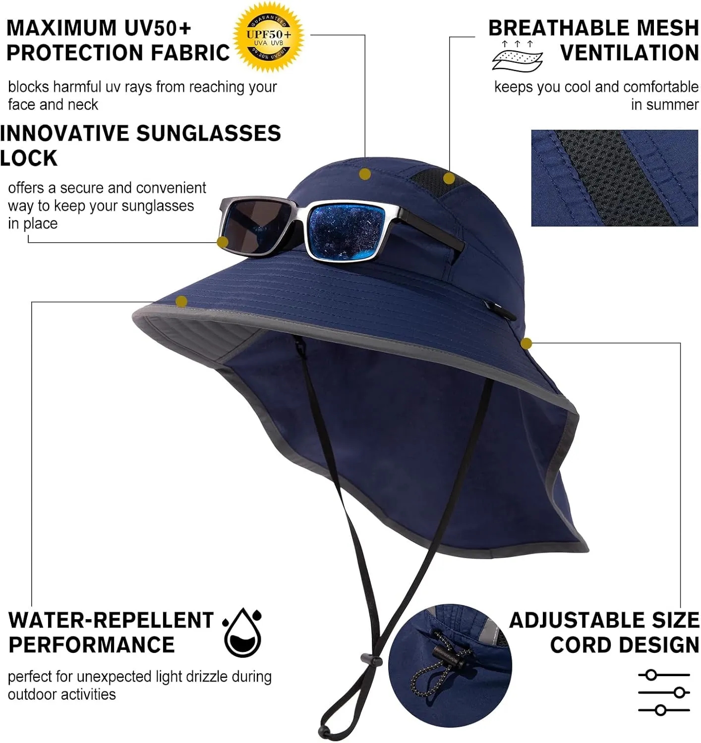 TOP-EX M/L/XL/XXL Unisex Mens Sun Hat with Neck Flap Sunglass Lock UPF 50 Wide Brim Fishing Hats Waterproof & Packable