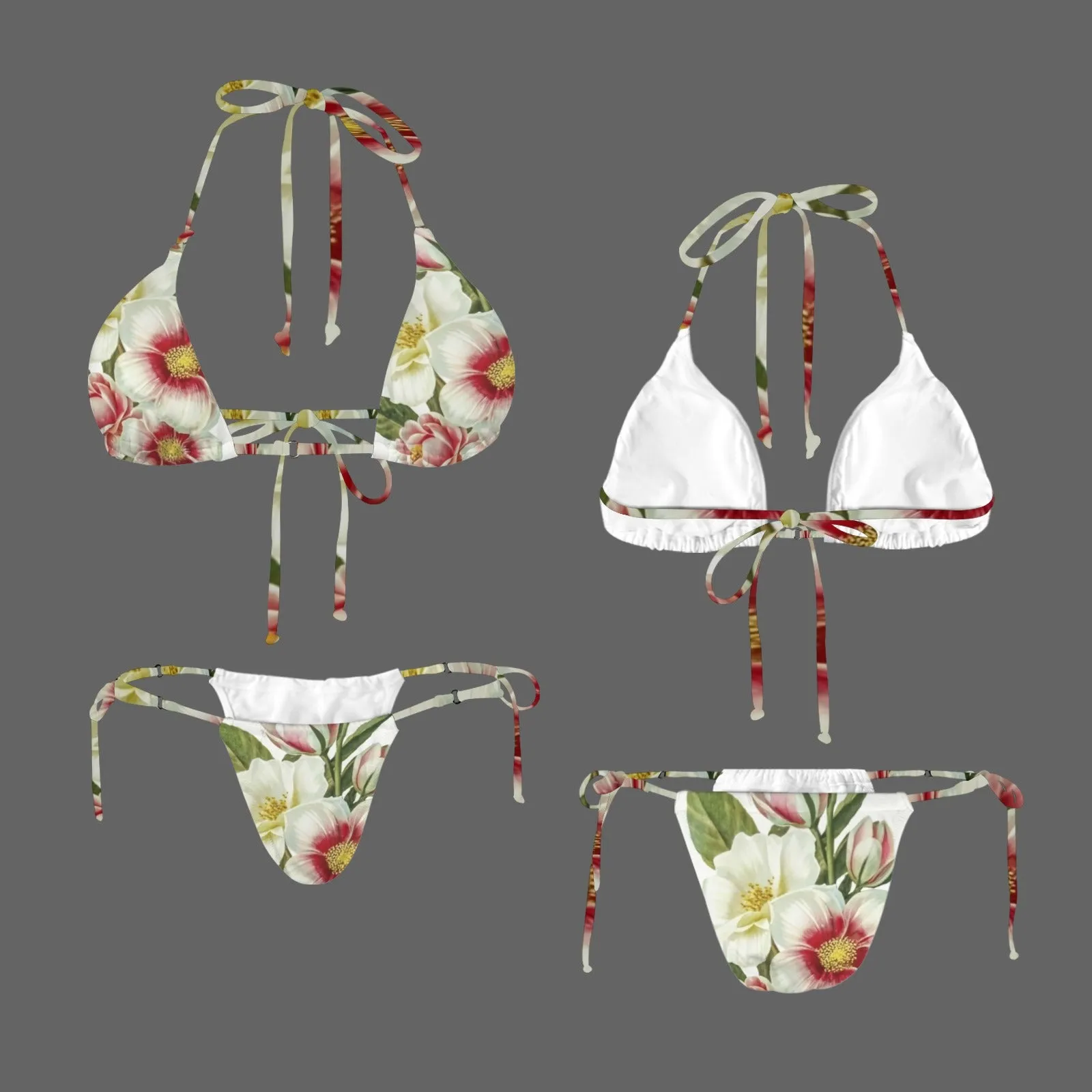 Vampire Art Glam Halter String Bikini Swimsuit Set - Large Surfy Retro Flowers