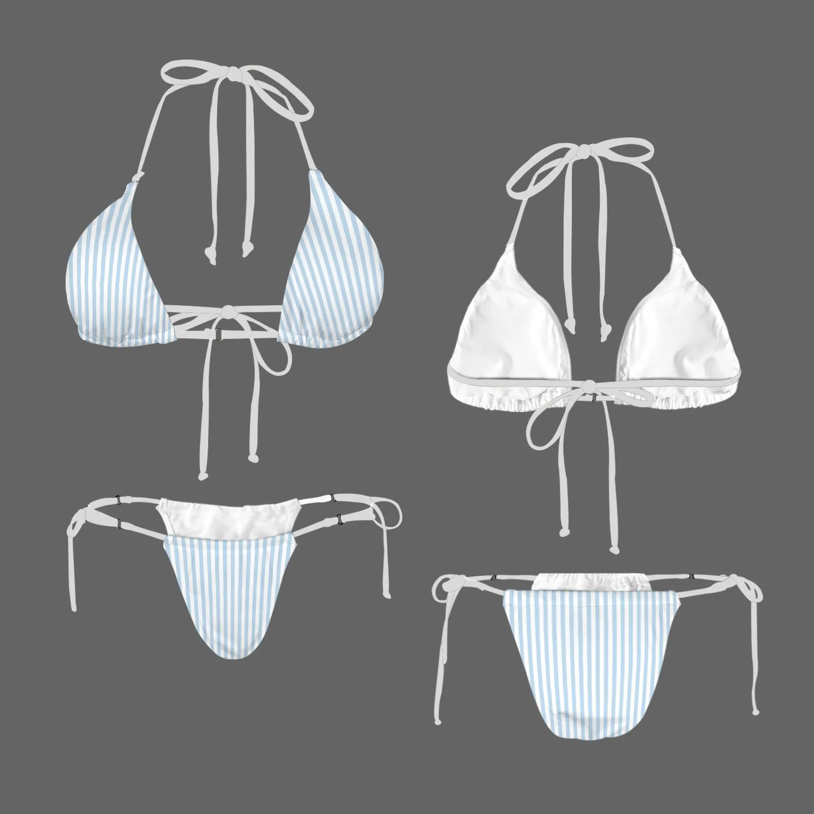 Vampire Art Glam Halter String Bikini Swimsuit Set - Mediterranean Blue and White Striped