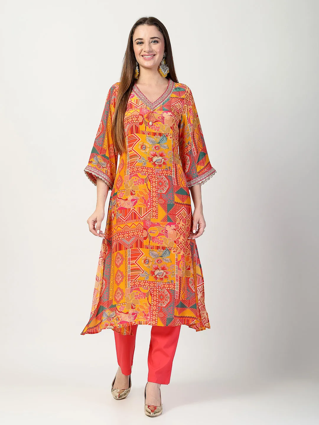 Vibrant Yellow Printed Kurta Trouser Set with Dupatta
