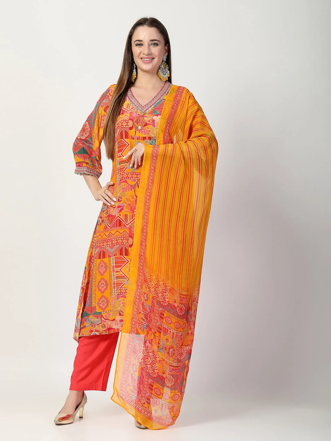 Vibrant Yellow Printed Kurta Trouser Set with Dupatta