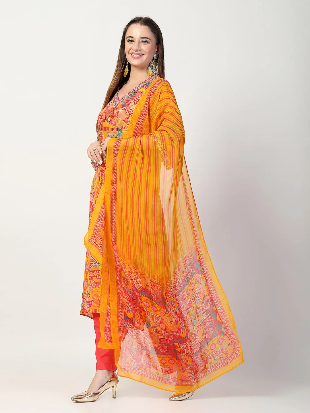 Vibrant Yellow Printed Kurta Trouser Set with Dupatta