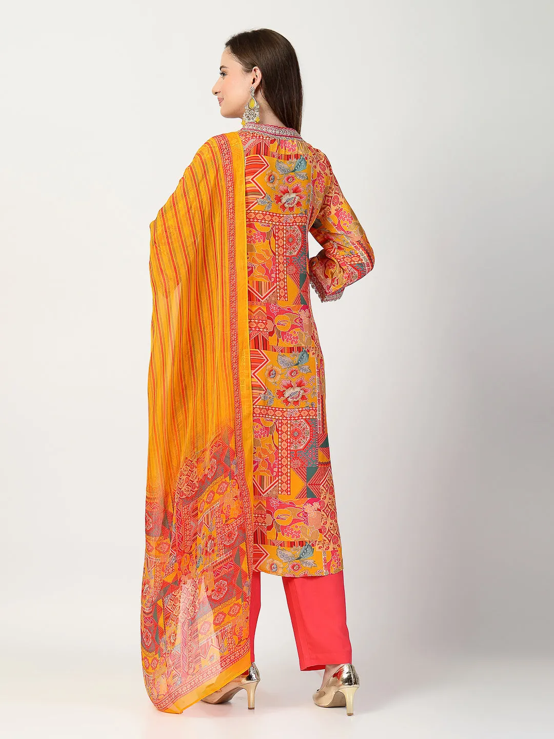 Vibrant Yellow Printed Kurta Trouser Set with Dupatta