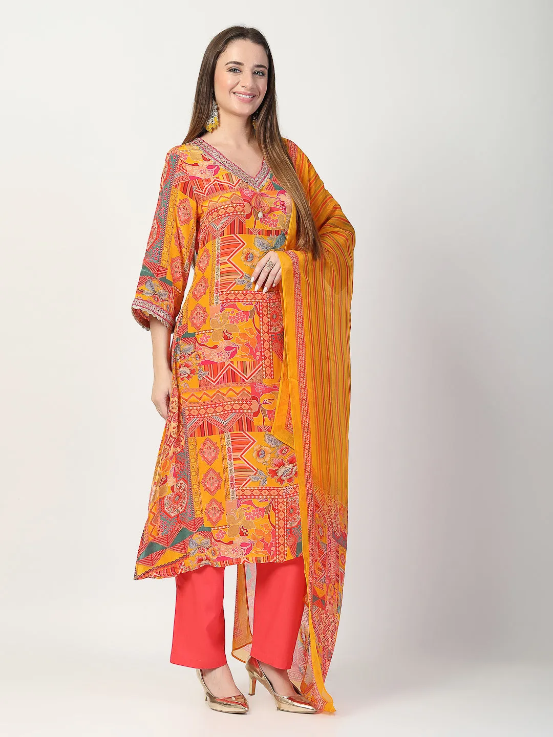 Vibrant Yellow Printed Kurta Trouser Set with Dupatta