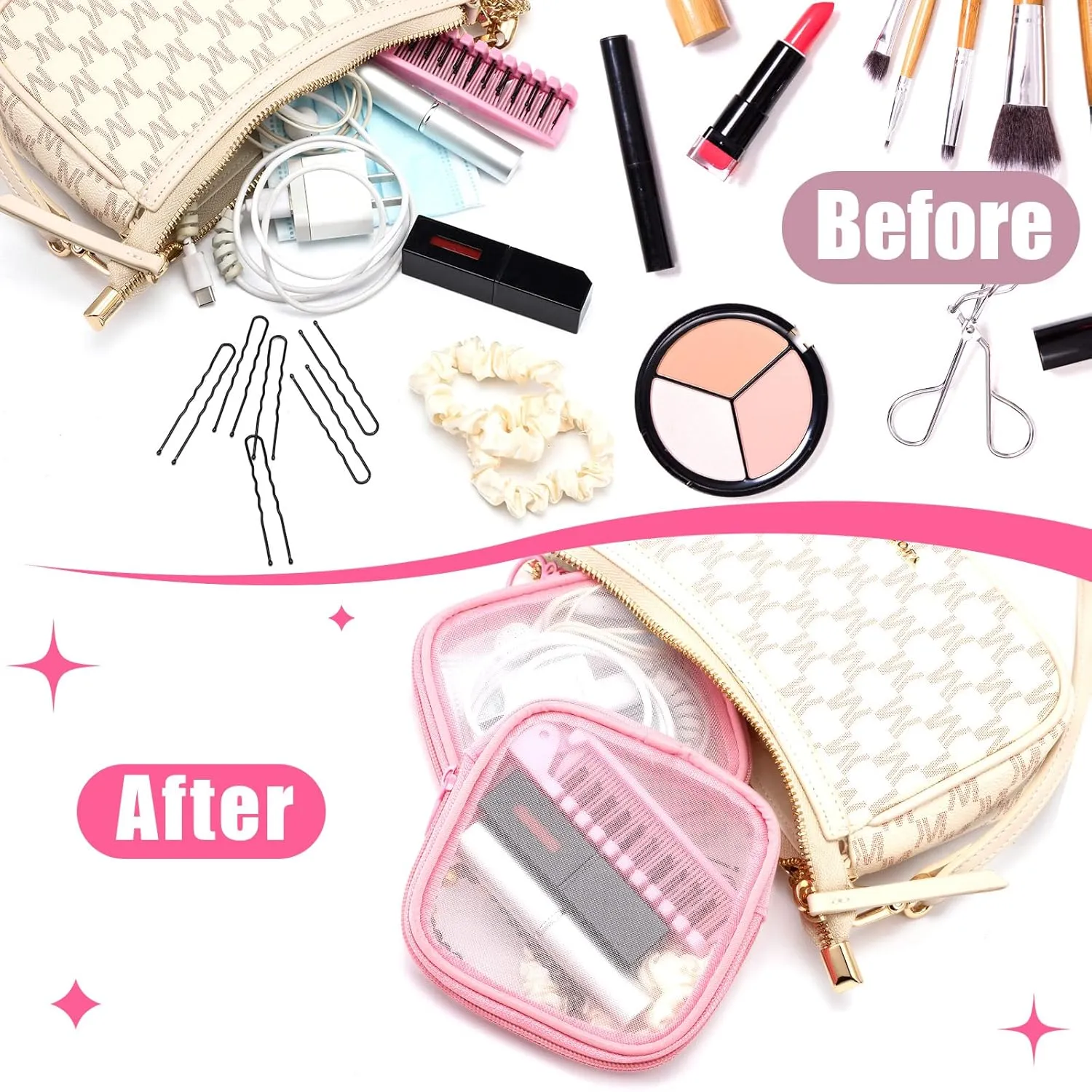 Weewooday 4 Pcs Mesh Makeup Bag Mesh Cosmetic Bag Travel Toiletry Pouch with Zipper Mini Makeup Cosmetic Purse for Daily Accessory(Small,Pink)