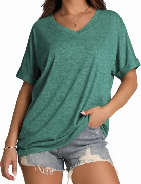 WIHOLL Womens Oversized Tshirts Summer Tops 2025 Short Sleeve V Neck Shirts Outfits Plus Size Clothes