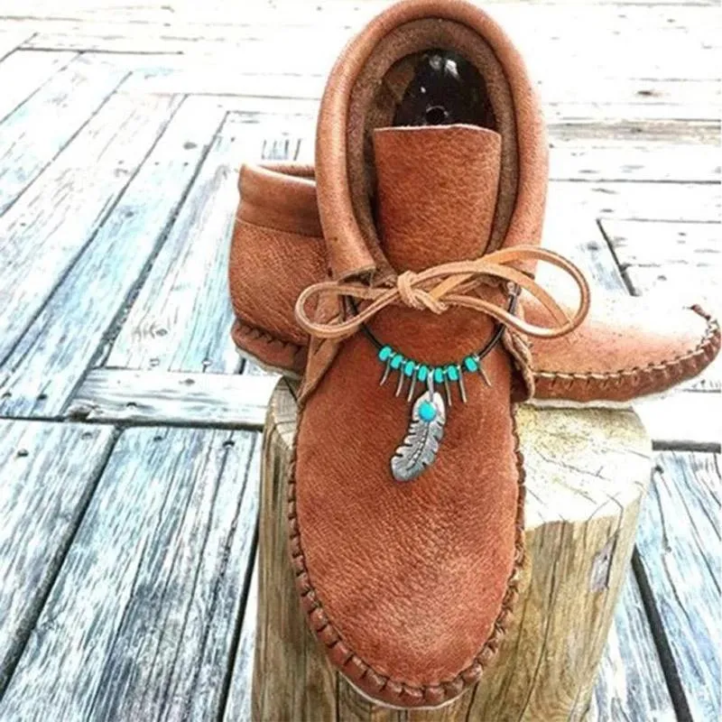 Women Autumn Ankle  Flat Lace Up Sewing String Bead Soft Leather  Casual Shoes