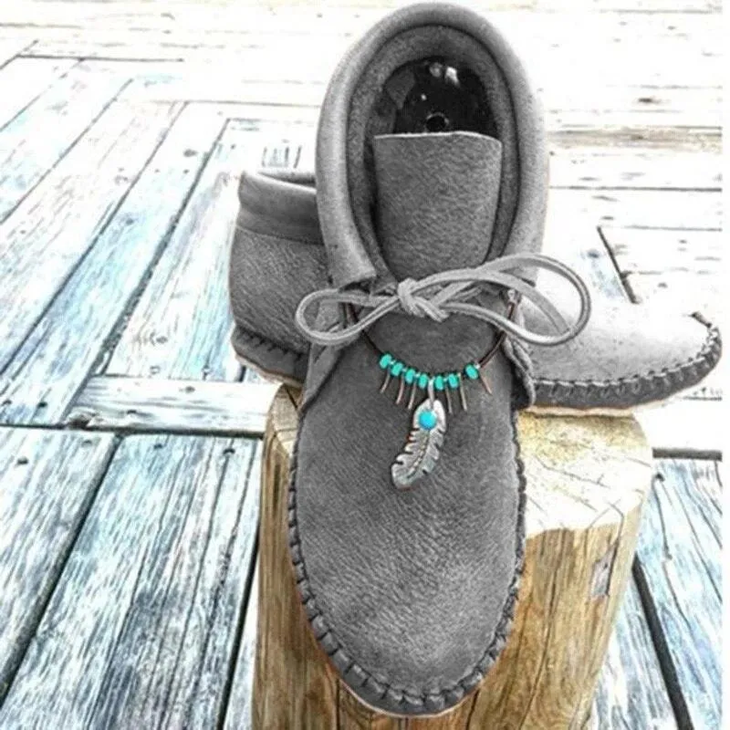 Women Autumn Ankle  Flat Lace Up Sewing String Bead Soft Leather  Casual Shoes