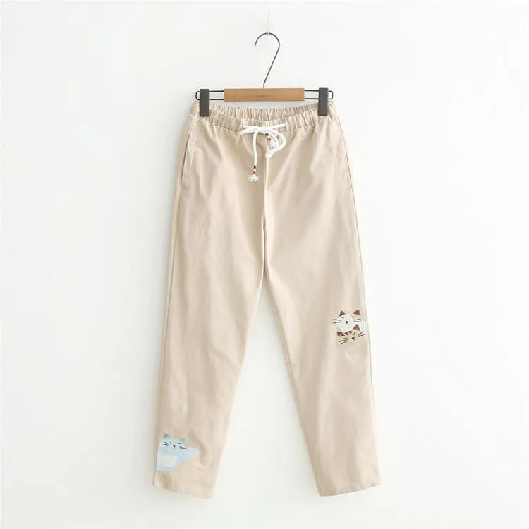 Women's Casual Cats Embroidered Pure Color Pants 