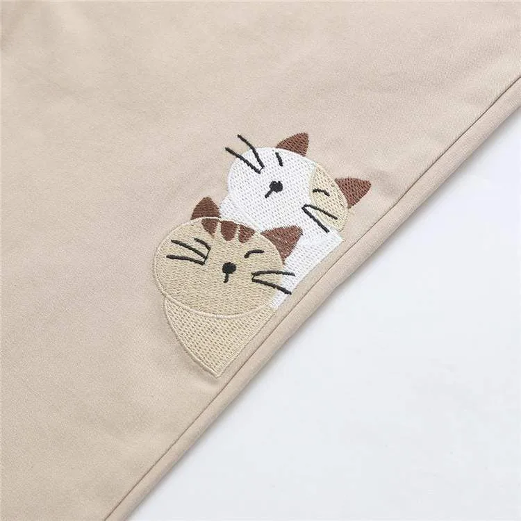 Women's Casual Cats Embroidered Pure Color Pants 
