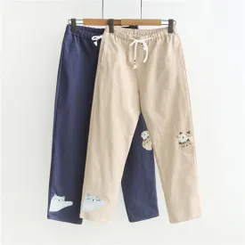 Women's Casual Cats Embroidered Pure Color Pants 