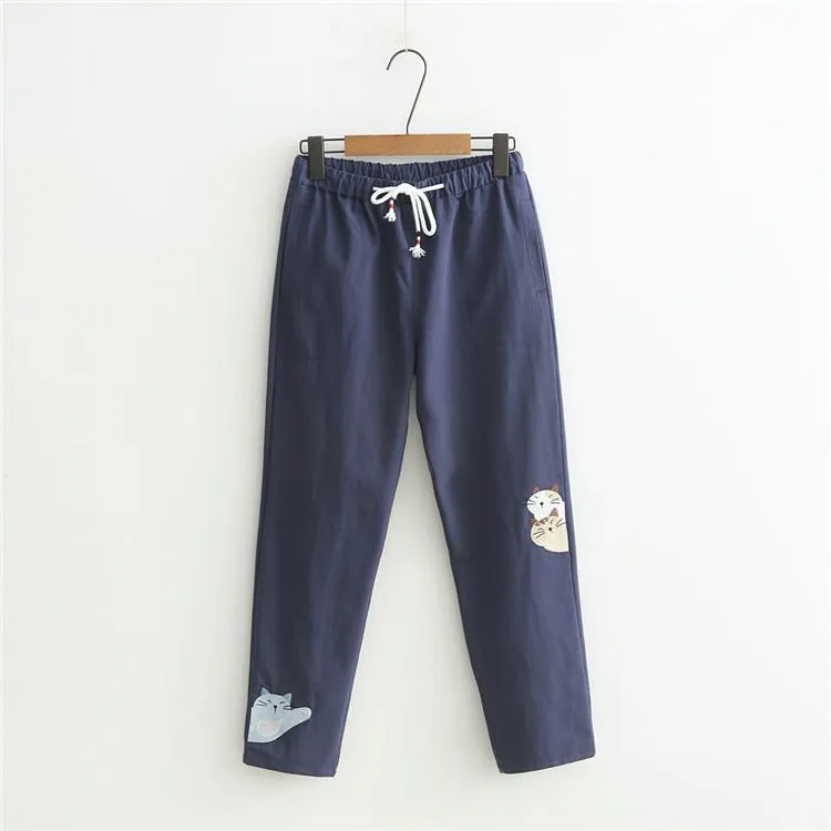 Women's Casual Cats Embroidered Pure Color Pants 