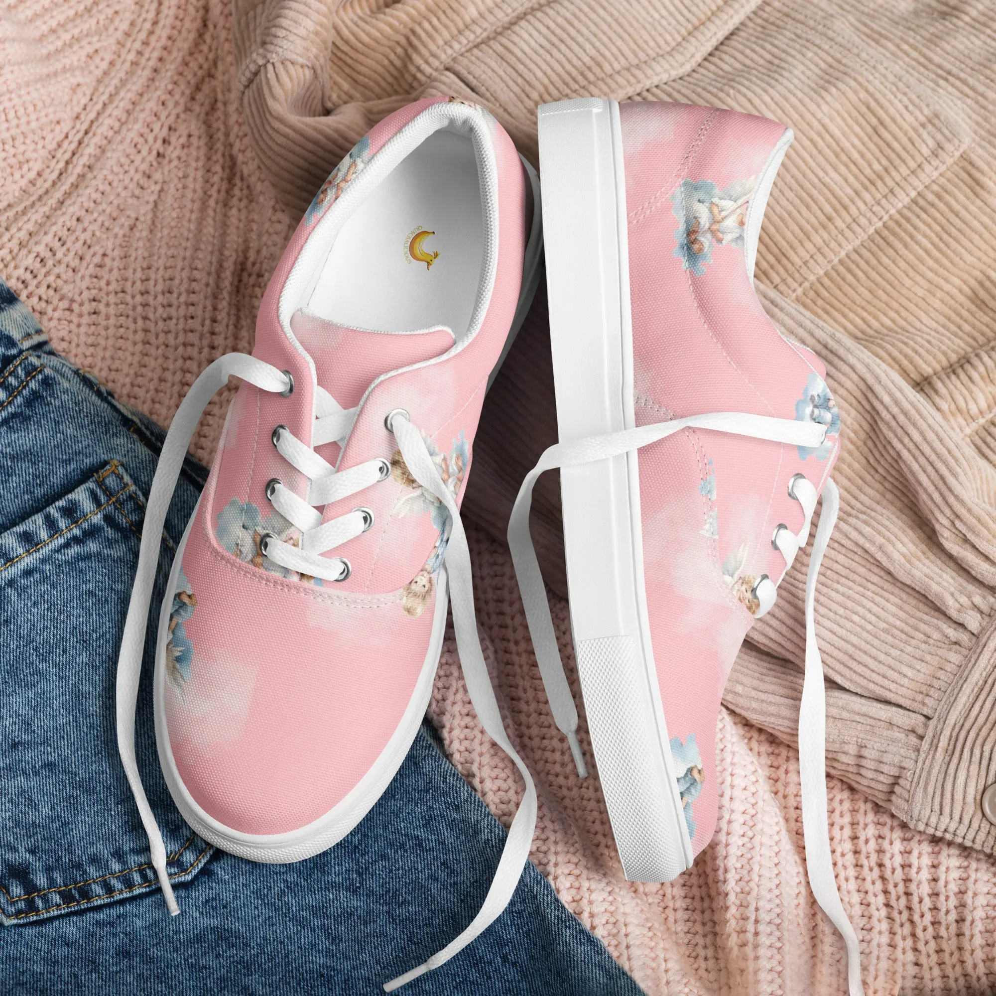 Women’s pink angel print canvas lace-up sneakers